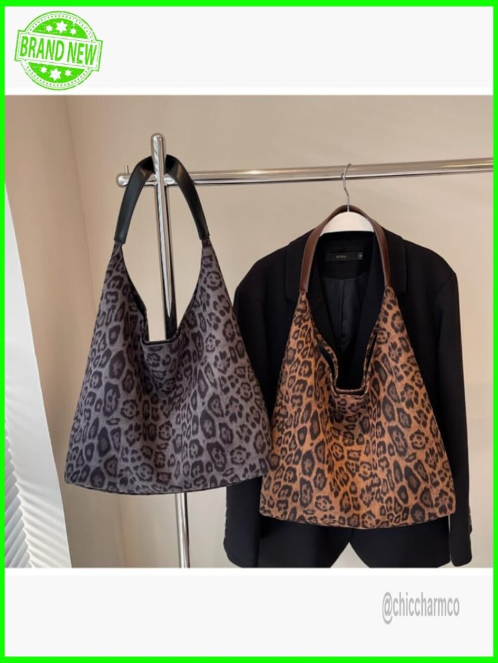 Large Capacity Leopard Print Tote Bag, Shoulder Strap, Polyester Blend - Picture 3 of 7